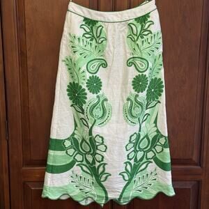 Farm Rio Festival Euroflax Midi Skirt Size Small Scalloped Edge Linen Tropical